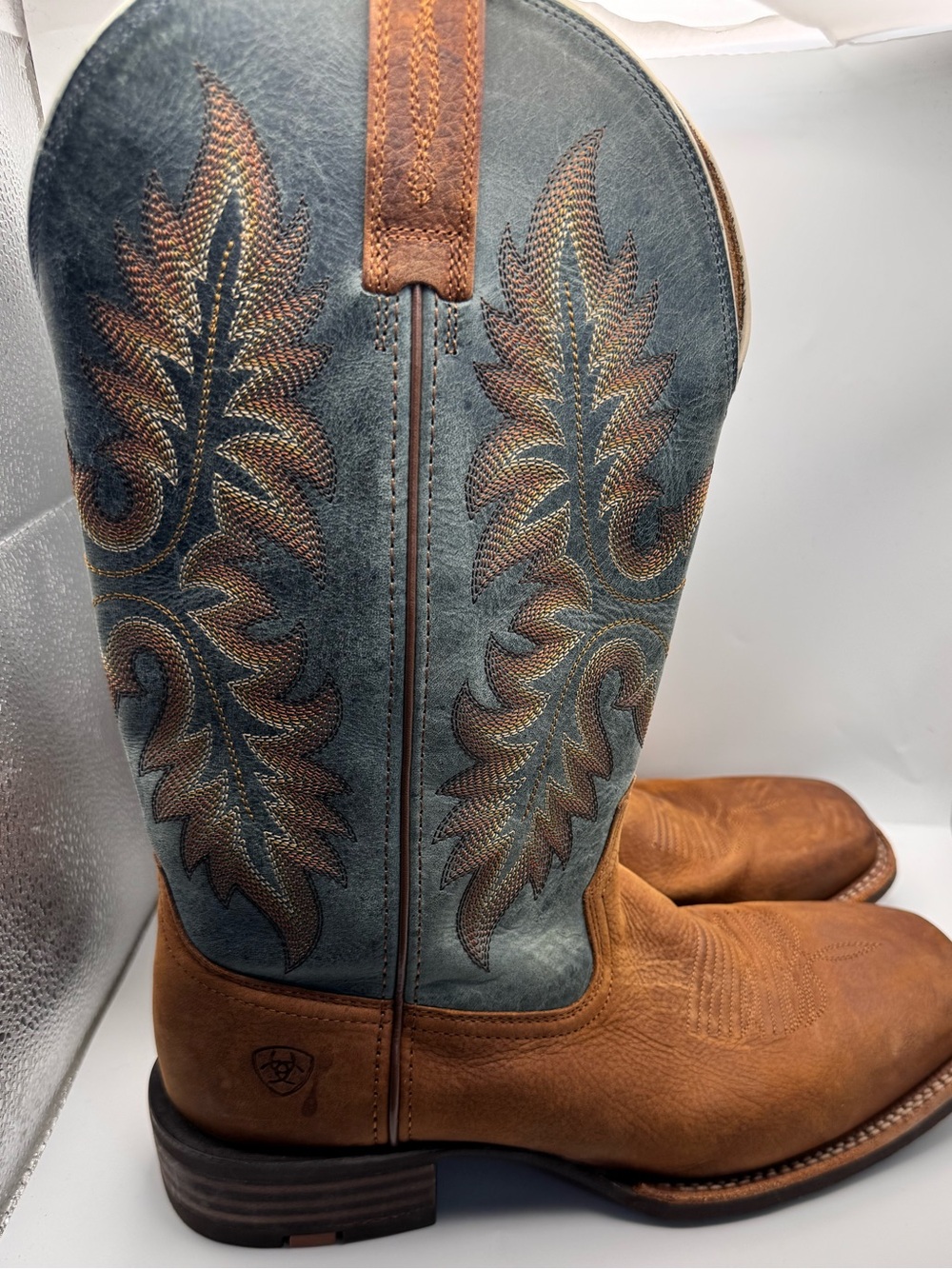 New Men ARIAT HUDSON Brown Blue Leather Square Toe Western Cowboy Boots 10053739